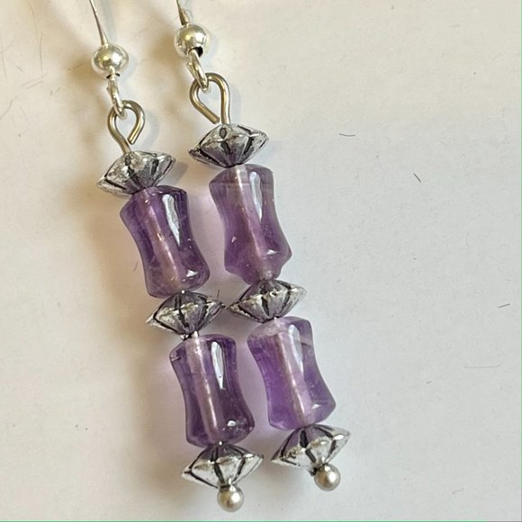 Lavender Purple Amethyst Bead Earrings Silver Plated Dangle Semiprecious - Picture 5 of 9